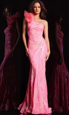 A woman in the Jovani 32596 Sequin-Print Long Prom Dress in neon pink, featuring a fitted one-shoulder design with swirling patterns, feathered shoulder detail, and a mermaid skirt, stands against a reflective black background.