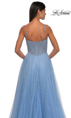 A woman with long dark hair is shown from the back wearing the La Femme 32644 Pearl Classic Long Prom Dress—a blue, sparkly, sleeveless A-line gown with thin straps—against a white background.