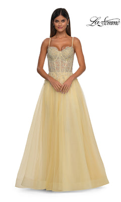 A woman poses against a white background wearing the La Femme 32646 long prom ball gown with pockets, featuring a fitted embellished bodice and tulle skirt. The La Femme logo is displayed in the top right corner.