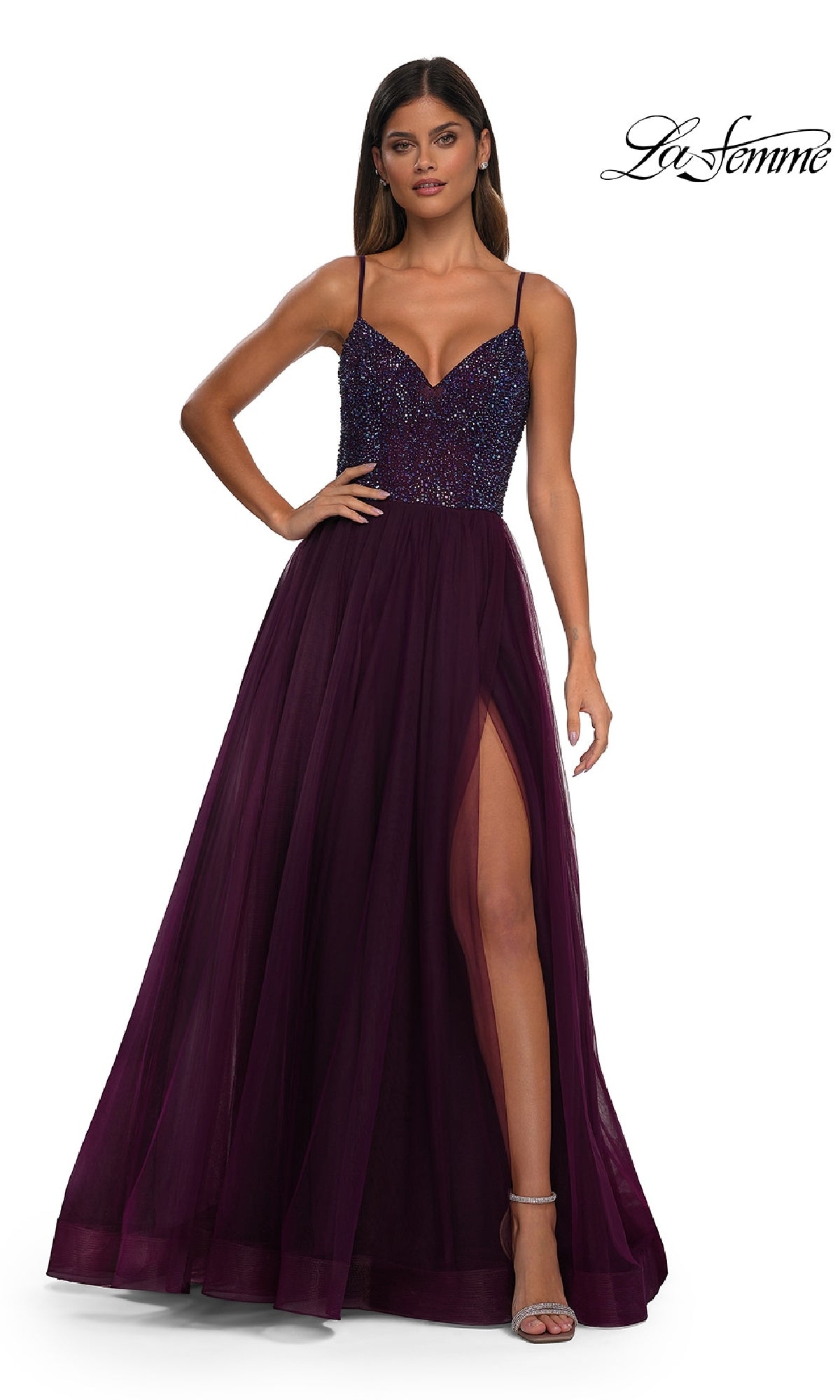Beaded-Bodice Long A-Line Prom Dress with Pockets Dark Berry / 2 Beaded-Bodice Long A-Line Prom Dress with Pockets Dark Berry / 2