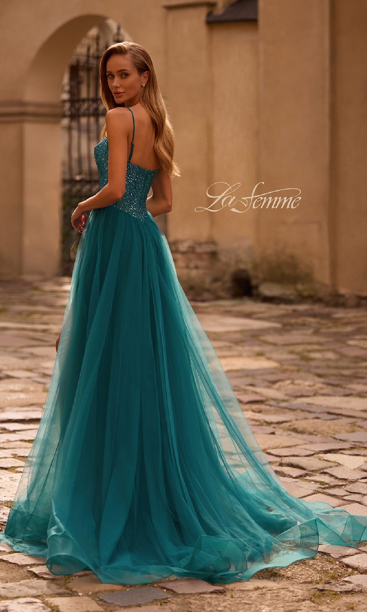 Beaded-Bodice Long A-Line Prom Dress with Pockets Dark Teal / 16