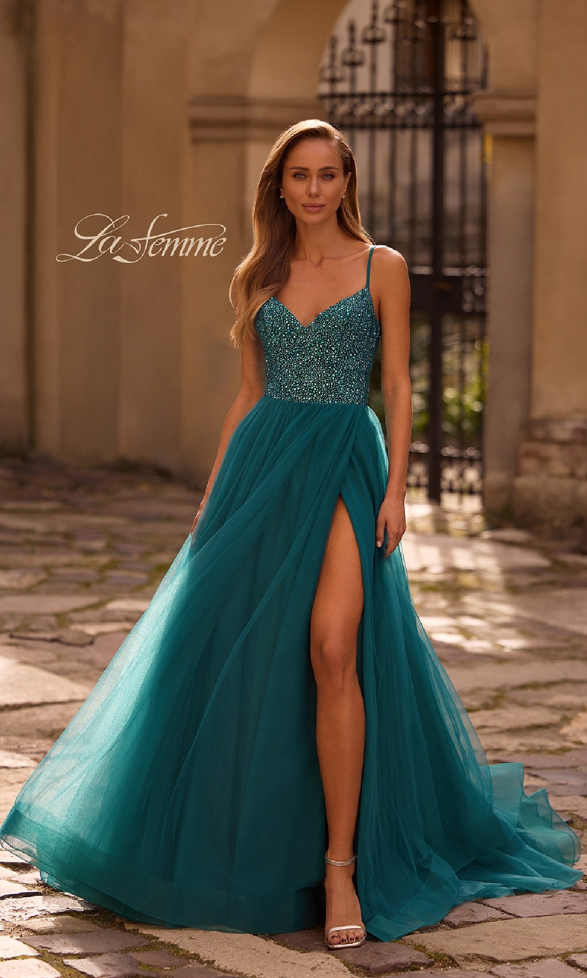 Beaded-Bodice Long A-Line Prom Dress with Pockets Dark Teal / 00 Beaded-Bodice Long A-Line Prom Dress with Pockets Dark Teal / 00