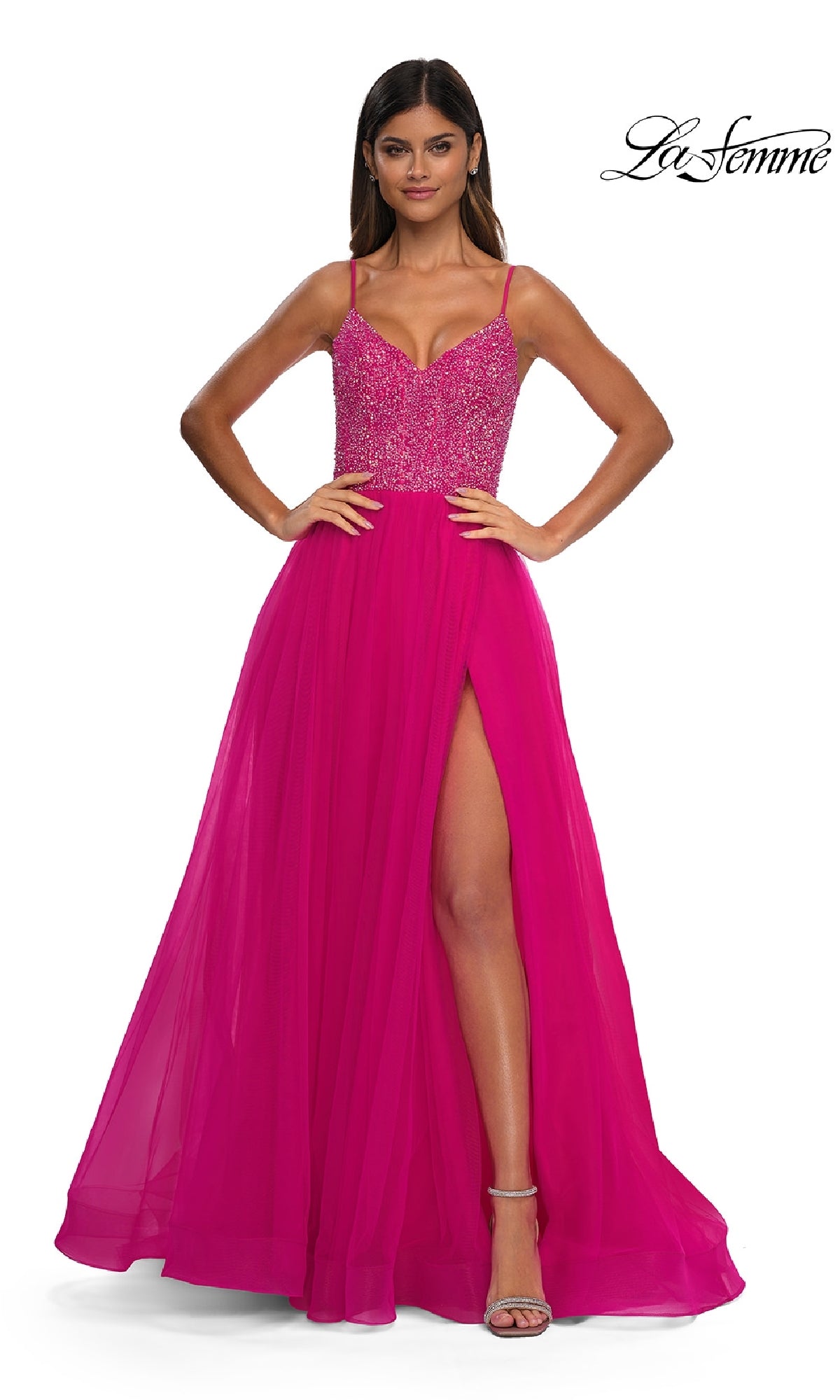 Beaded-Bodice Long A-Line Prom Dress with Pockets Hot Fuchsia / 10 Beaded-Bodice Long A-Line Prom Dress with Pockets Hot Fuchsia / 10