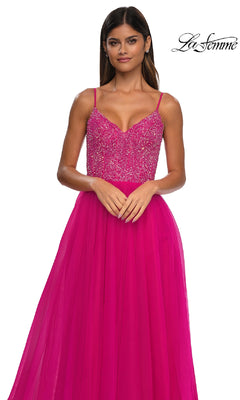 Woman wearing the La Femme 32668 Beaded-Bodice Long Prom Ball Gown with a V-neck and tulle skirt, standing against a white background. The La Femme logo appears in the top right corner.