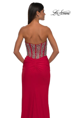 A woman is seen from the back wearing the La Femme 32669 Strapless Long Corset Prom Dress, featuring a beaded corset-style bodice. The La Femme logo appears in the top right corner.