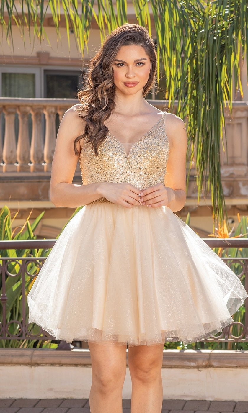 Sleeveless A-Line Glitter Short Prom Dress - PromGirl Gold / 2XLarge Sleeveless A-Line Glitter Short Prom Dress - PromGirl Gold / 2XLarge