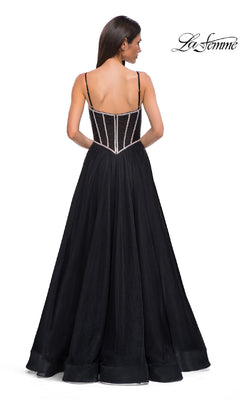 Model shown from the back wearing the Long Corset Prom Ball Gown: La Femme 32675, featuring a fitted, structured bodice with thin straps. "La Femme" logo displayed in the top right corner.