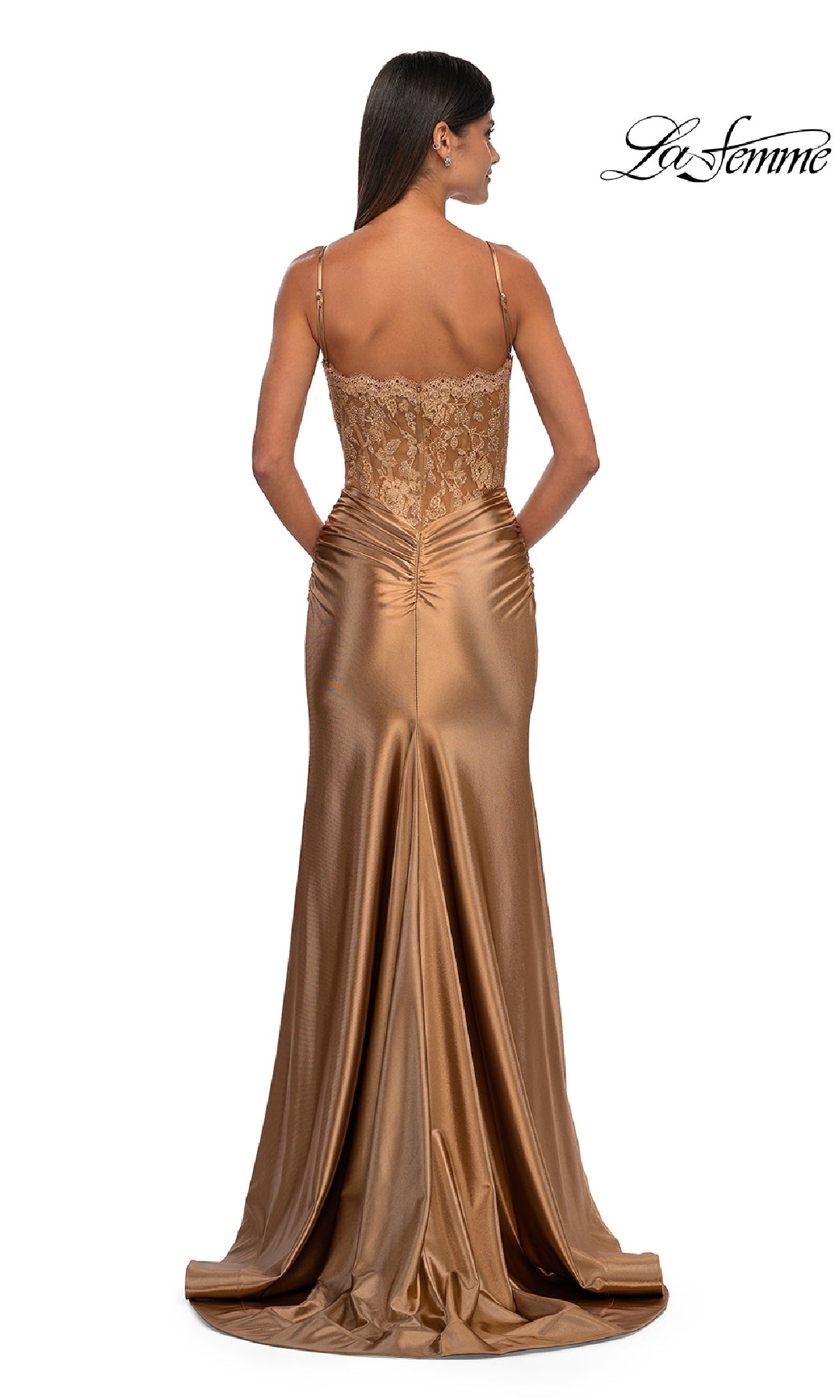 Sheer-Waist Long Prom Dress with Glitter Bodice Bronze / 6