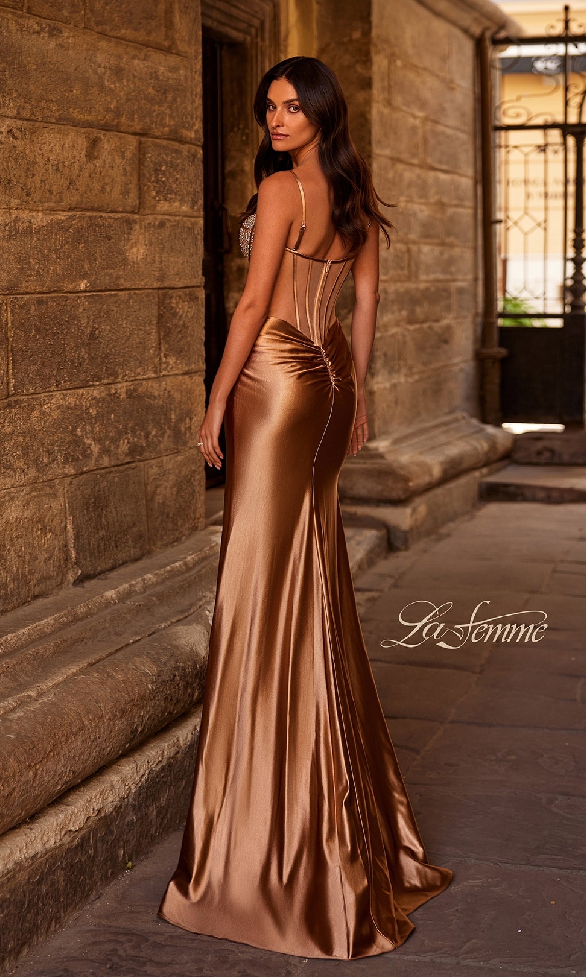 Long Satin Prom Dress with Beaded Sheer Corset Bronze / 4 Long Satin Prom Dress with Beaded Sheer Corset Bronze / 4