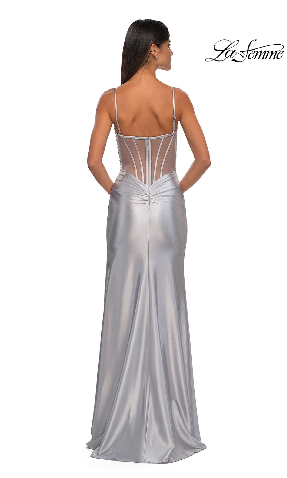open lace back dress Long Satin Prom Dress with Beaded Sheer Corset– PromGirl