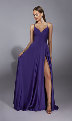 Model wears the Aerie Couture 326, a long formal purple A-line dress with spaghetti straps and thigh-high slit, posing against a plain gray background.