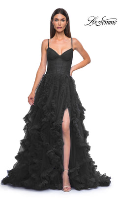 A woman wears the La Femme 32719 Ruffled-Tulle Long Prom Ball Gown with spaghetti straps and a high slit, standing against a white background featuring the "La Femme" logo in the top right corner.