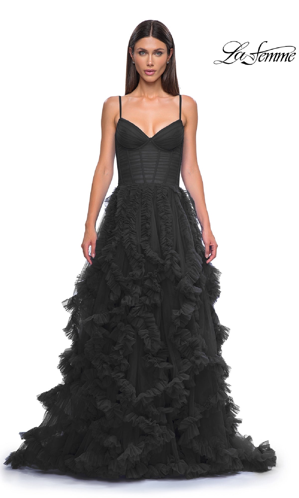 Woman in the La Femme 32719 Ruffled-Tulle Long Prom Ball Gown—black, floor-length, A-line with thin straps and a fitted bodice—stands against a white background. 