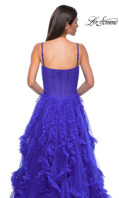 A woman is shown from the back in the La Femme 32719 Ruffled-Tulle Long Prom Ball Gown, featuring royal blue ruffled tulle and thin straps. The La Femme logo appears in the top right corner.