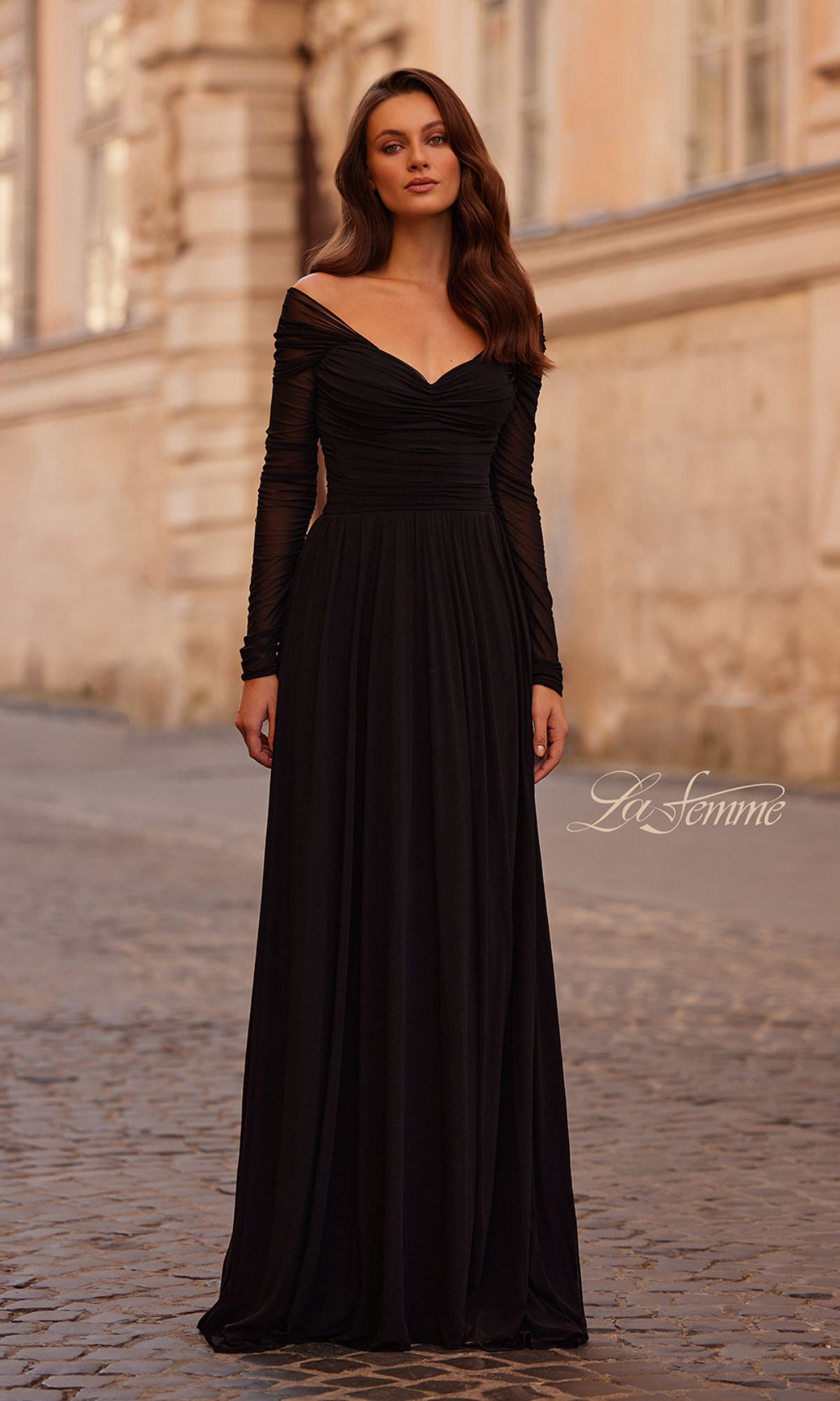Off-Shoulder Long Black Formal Dress with Long Sleeves
