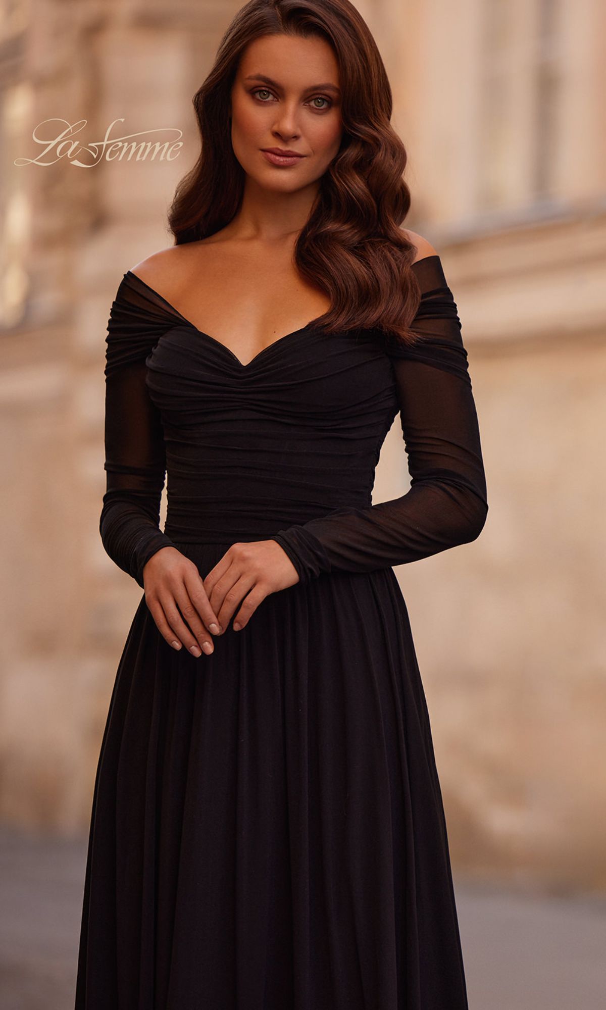 Off-Shoulder Long Black Formal Dress with Long Sleeves PromGirl Off-Shoulder Long Black Formal Dress with Long Sleeves PromGirl