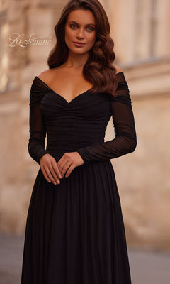 Off-Shoulder Long Black Formal Dress with Long Sleeves– PromGirl