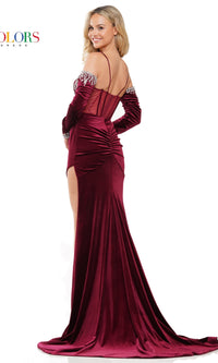 Bead-Trim Long Sleeve Long Velvet Prom Dress 3272
