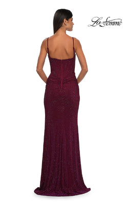 A woman is shown from the back in a sleeveless, floor-length Classic Long Beaded Prom Dress (La Femme 32753) with thin straps and subtle sparkles. The "La Femme" logo appears in the top right corner.