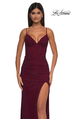 A woman poses against a white background in the Classic Long Beaded Prom Dress: La Femme 32753, a sleeveless deep red glittery gown with a thigh-high slit. The "La Femme" logo is shown in the top right corner.