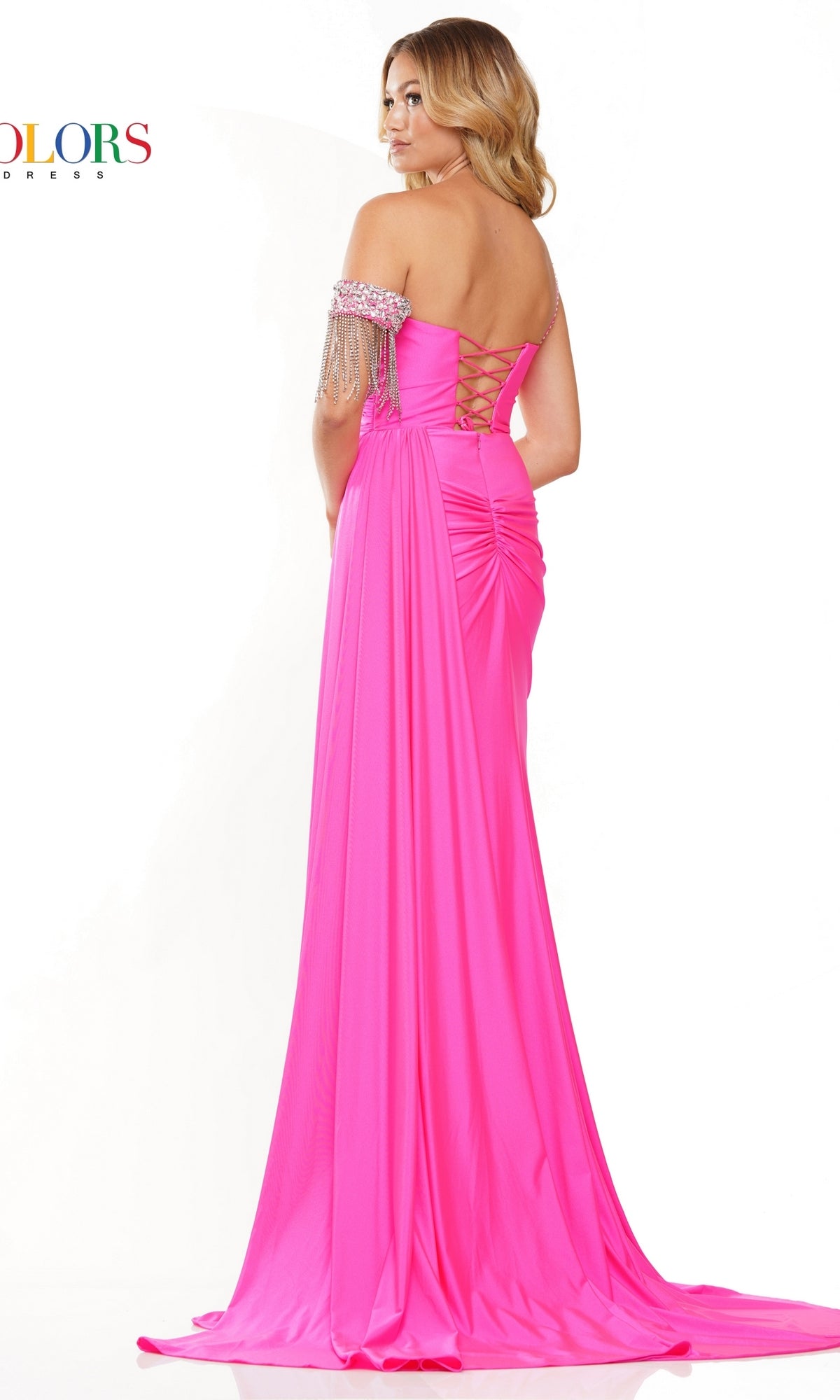 Fringe-Armband Long Satin Prom Dress 3275