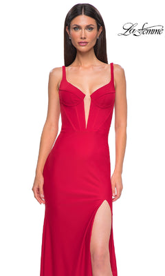 A woman wears the La Femme 32763 plunging v-neck long prom dress in red, featuring a fitted, sleeveless design with a high slit. The La Femme logo appears in the top right corner.