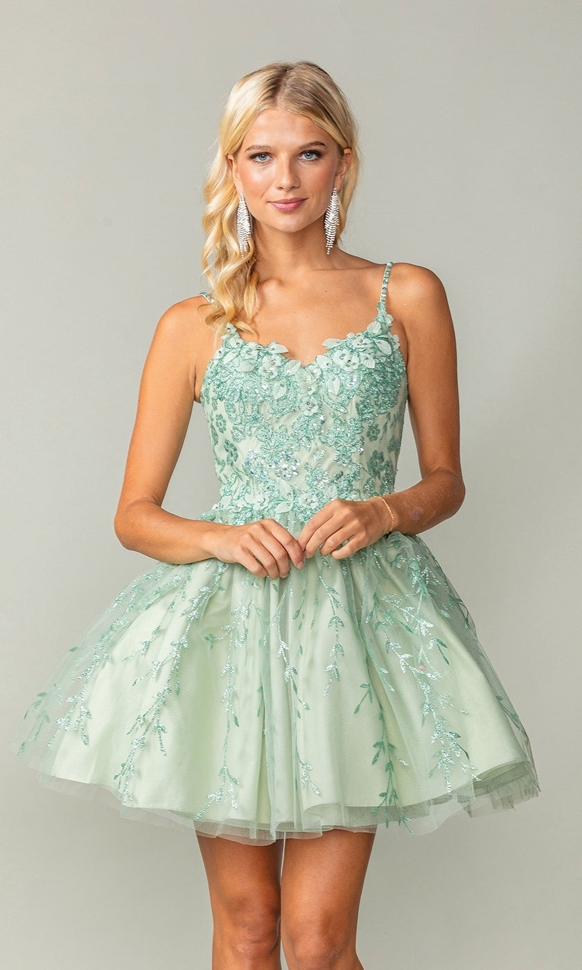Embroidered Babydoll Short Glitter Prom Dress
