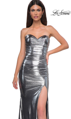 A woman models the Strapless Long Metallic Prom Dress: La Femme 32806, featuring a sweetheart neckline and high thigh slit, against a white background. "La Femme" logo appears in the top right corner.