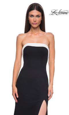 A woman wears the La Femme 32808 strapless long black prom dress with white trim and a thigh-high slit, standing facing forward against a white background. The "La Femme" logo appears in the top right corner.