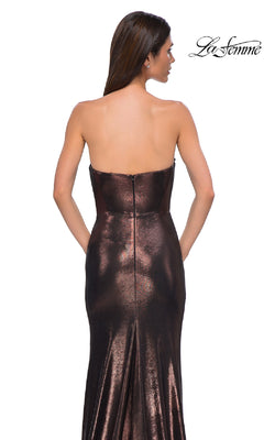 A woman faces away in the La Femme 32828 strapless long metallic prom dress, a fitted evening gown with a zippered back. The La Femme logo is displayed in the top right corner.