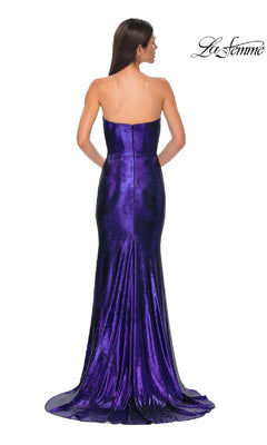A woman is seen from the back wearing the La Femme 32828 Strapless Long Metallic Prom Dress in purple, shown floor-length against a white background with the La Femme logo in the top right corner.