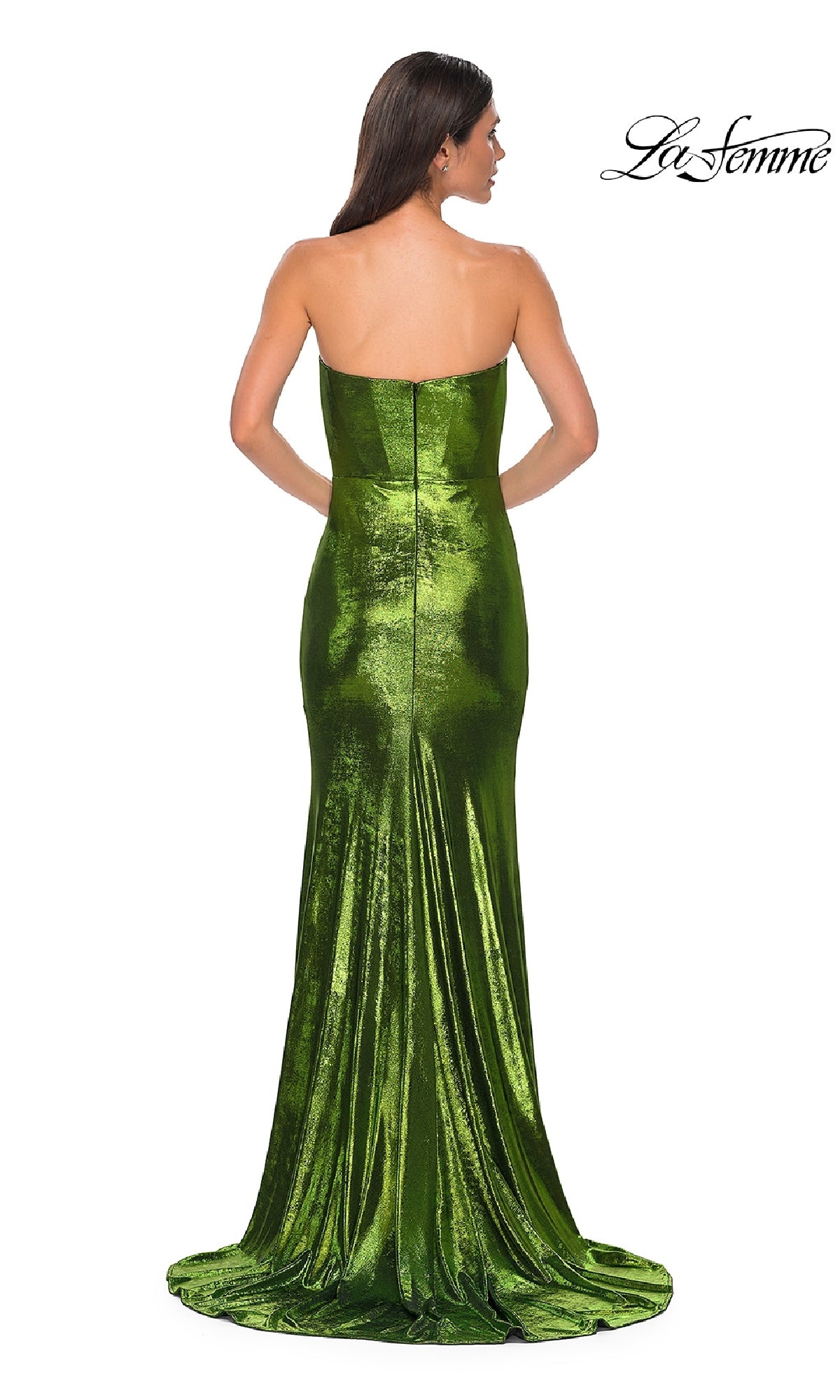 A woman in the Strapless Long Metallic Prom Dress: La Femme 32828 is shown from the back, wearing a floor-length green evening gown with the La Femme logo in the top right corner.