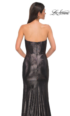 A woman in the Strapless Long Metallic Prom Dress: La Femme 32828.
