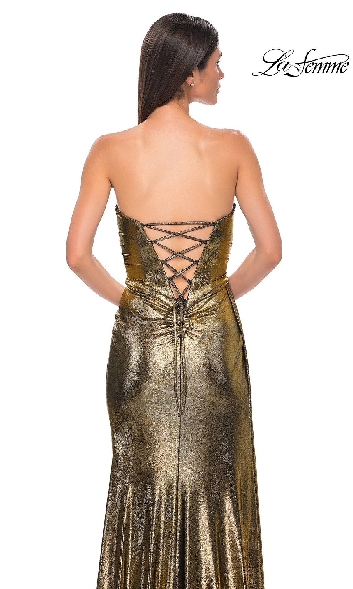 A woman models the Strapless Long Metallic Prom Dress: La Femme 32830, featuring a lace-up back, against a white background. The 
