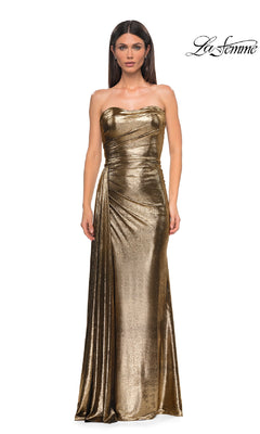 A woman wears the Strapless Long Metallic Prom Dress: La Femme 32830, featuring draped detail, against a white background. The "La Femme" logo appears in the top right corner.