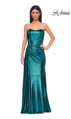 A woman in the Strapless Long Metallic Prom Dress: La Femme 32830 in teal stands facing forward, one hand on her hip, against a plain white background. The "La Femme" logo is displayed in the top right corner.