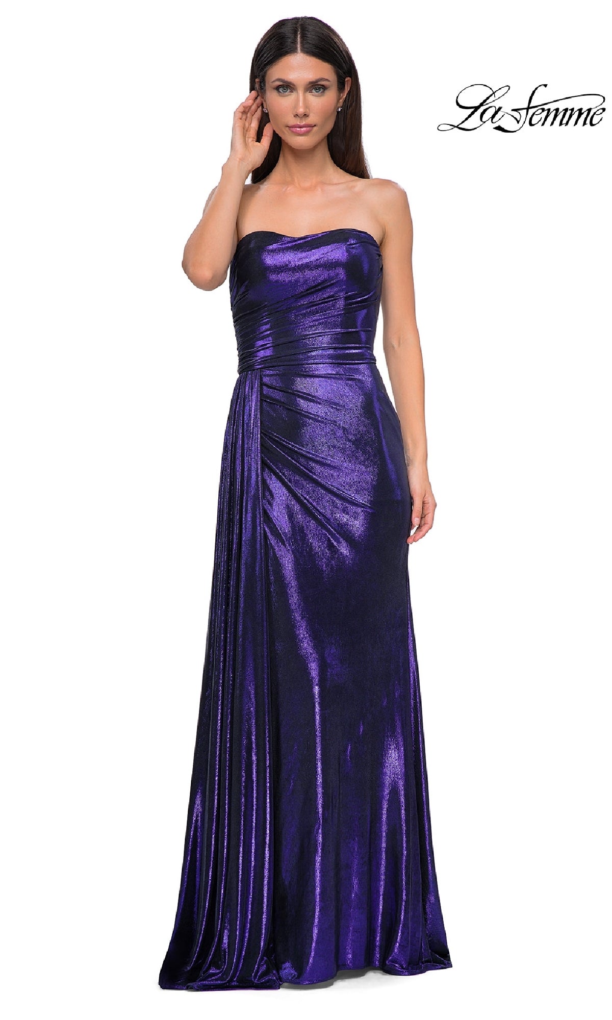 A woman in the Strapless Long Metallic Prom Dress: La Femme 32830—a shimmering purple formal gown—stands against a white background.