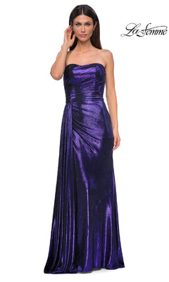 A woman in the Strapless Long Metallic Prom Dress: La Femme 32830—a shimmering purple formal gown—stands against a white background.