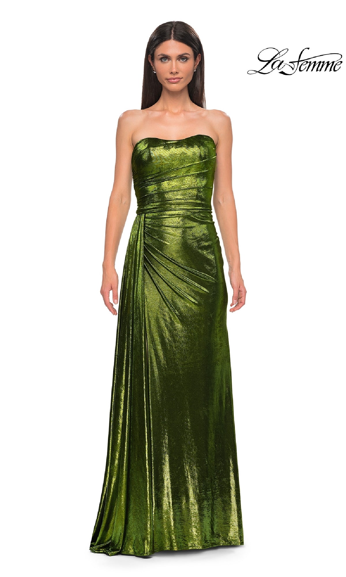 A woman models the La Femme 32830 Strapless Long Metallic Prom Dress with ruched detailing, posing against a white background featuring the La Femme logo in the top right corner.