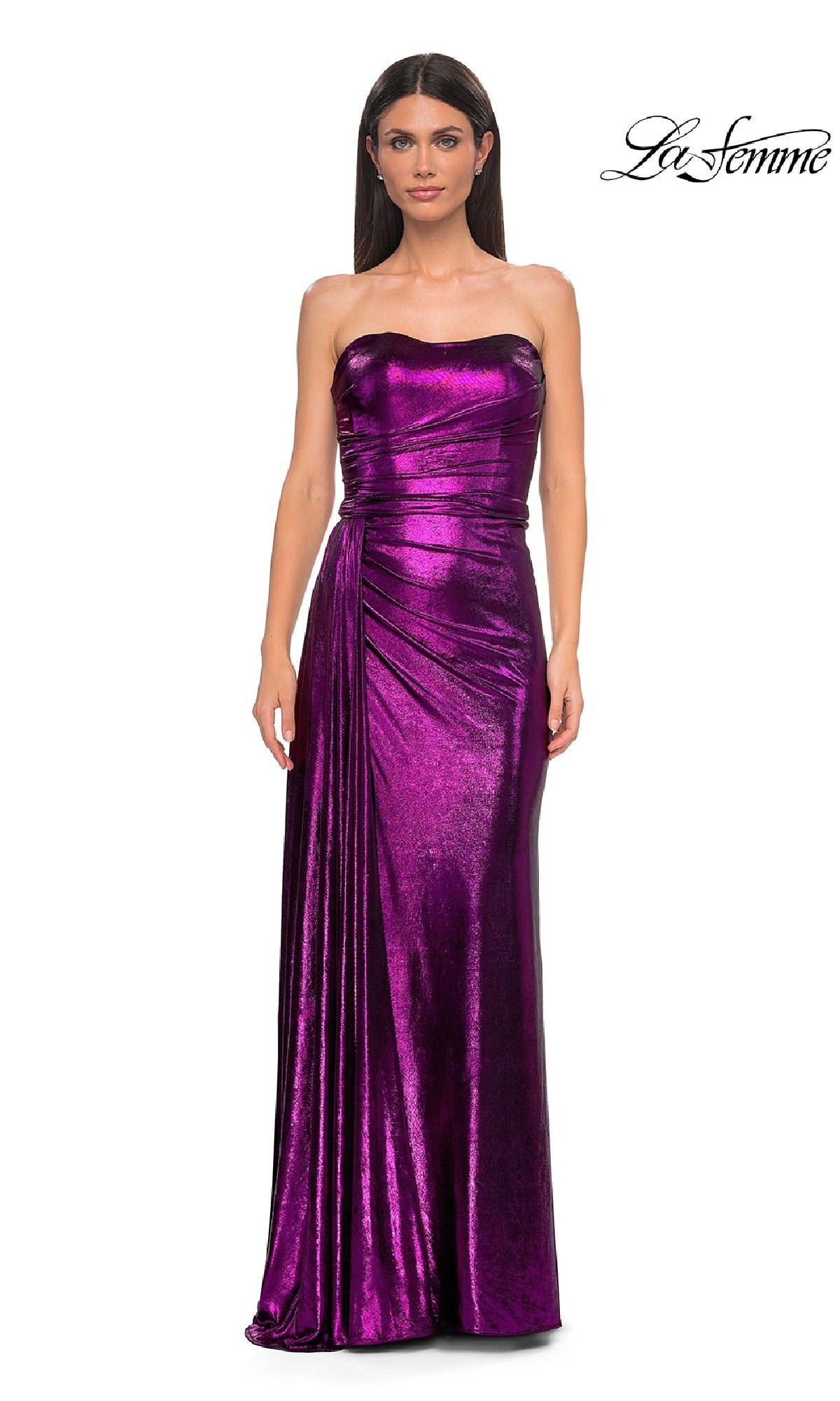 A woman models the Strapless Long Metallic Prom Dress: La Femme 32830 against a plain white background, with the La Femme logo featured in the top right corner.