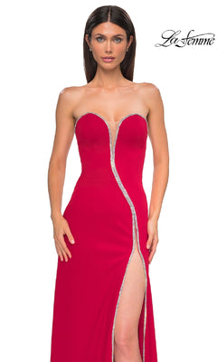 A woman models the La Femme 32854, a strapless long jersey prom dress with silver trim and a high front slit, set against a white background. The "La Femme" logo is displayed in the upper right corner.