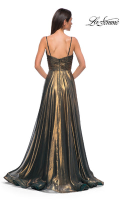 A woman is shown from the back in the La Femme 32864, a floor-length metallic bronze chiffon prom dress with thin straps, fitted bodice, and flared A-line skirt, set against a white background.
