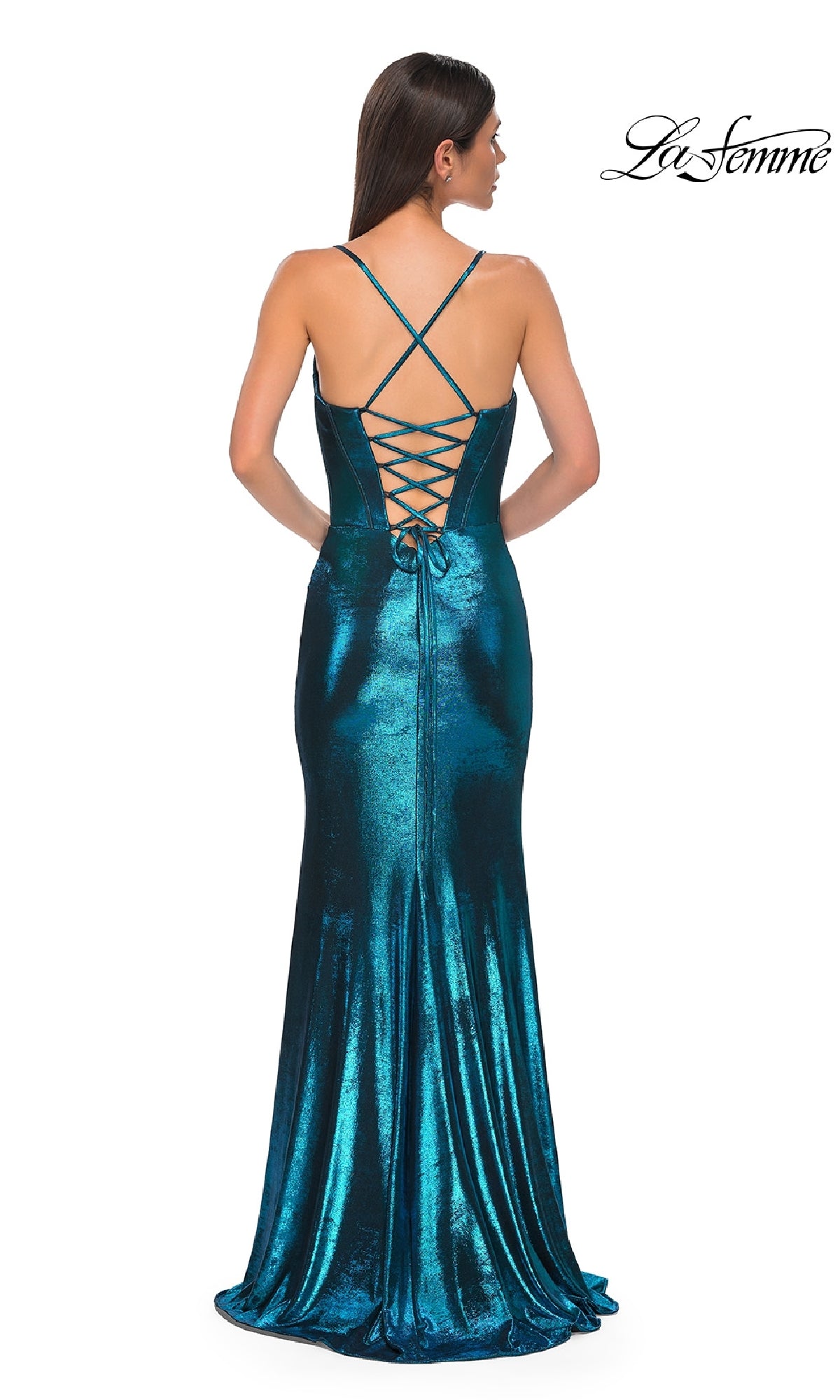 A woman wears the La Femme 32877 Lace-Up Long Metallic Prom Dress in teal, featuring a corset-style bodice, spaghetti straps, and lace-up open back detail, standing against a white background.
