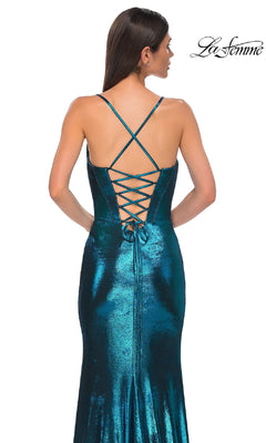 Woman wearing the La Femme 32877 Lace-Up Long Metallic Prom Dress, featuring a crisscross lace-up back, posed against a white background.