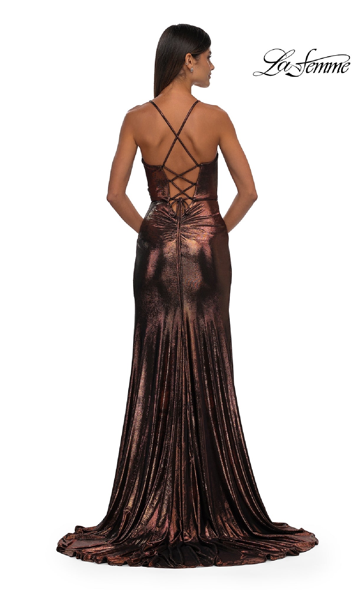 Model wearing the La Femme 32884 Lace-Up Long Metallic Prom Dress with crisscross lace-up back, posed against a plain white background. 