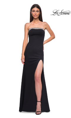 A woman poses against a white background in the Bead-Trimmed Long Prom Dress: La Femme 32891, a strapless gown featuring a thigh-high slit and embellished neckline. The La Femme logo appears in the top right corner.