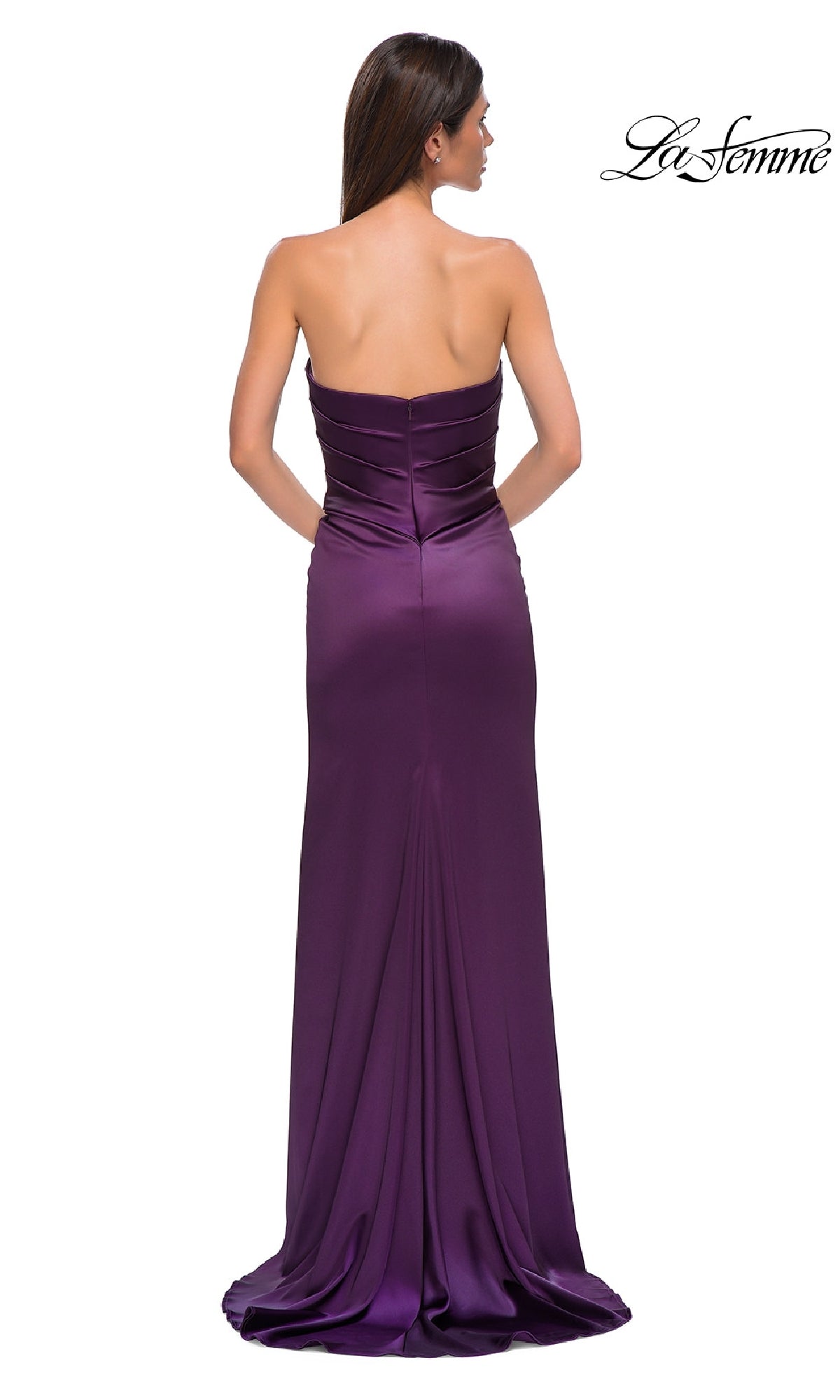 A woman is shown from the back wearing the La Femme 32896 Strapless Sweetheart Prom Gown in purple, with the La Femme logo in the top right corner.