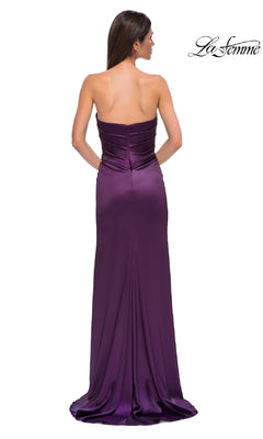 A woman is shown from the back wearing the La Femme 32896 Strapless Sweetheart Prom Gown in purple, with the La Femme logo in the top right corner.