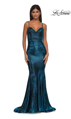 A woman wears the La Femme 32897 long metallic mermaid prom dress, featuring thin straps and a flared hem, standing against a white background with the "La Femme" logo in the top right corner.