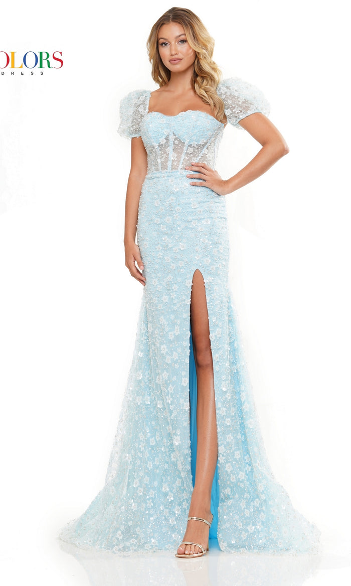 Short Sleeve Long Sequin-Floral Prom Dress 3290